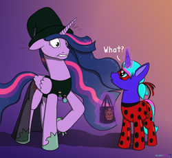 Size: 1953x1800 | Tagged: safe, artist:passionpanther, twilight sparkle, oc, oc:heartbeat, alicorn, pony, unicorn, g4, the last problem, clothes, coccinellidaephobia, costume, duo, duo female, female, gradient background, halloween, halloween costume, hat, holiday, miraculous ladybug, nightmare night, nightmare night costume, older, older twilight, older twilight sparkle (alicorn), princess twilight 2.0, twilight sparkle (alicorn), witch, witch costume, witch hat