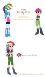 Size: 744x1264 | Tagged: safe, artist:prettycelestia, rainbow dash, scootaloo, oc, oc:rainbow strike, equestria girls, g4, boots, clothes, denim, four arms, fusion, fusion:rainbow dash, fusion:scootadash, fusion:scootaloo, high heel boots, jacket, jeans, jewelry, multicolored hair, multiple arms, pants, purple eyes, rainbow hair, ring, shoes, simple background, skirt, white background