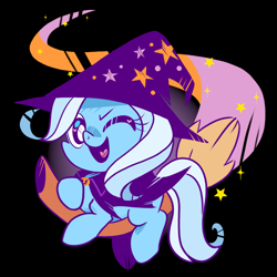 Size: 1000x1000 | Tagged: safe, artist:yokokinawa, trixie, pony, unicorn, g4, black background, broom, one eye closed, simple background, solo, white pupils, wink