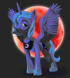 Size: 1733x1932 | Tagged: safe, artist:rollo32, princess luna, alicorn, pony, g4, black background, blood moon, blue hair, female, full body, gray background, halloween, holiday, mare, moon, nightmare night, painting, simple background, solo, spread wings, wings