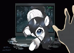 Size: 4093x2894 | Tagged: safe, artist:potetecyu_to, human, pony, unicorn, :p, adoracreepy, clothes, creepy, cute, fear, female, forest, looking at you, offscreen character, ponified, pov, rain, sadako, scared, television, the ring, tongue out, wet, wet mane