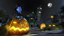 Size: 3840x2160 | Tagged: safe, artist:egr1n, trixie, pony, unicorn, g4, 3d, blue mane, broom, clothes, fence, grass, halloween, hat, high res, holiday, horn, house, jack-o-lantern, light, mare in the moon, moon, night, night sky, nightmare night, path, pumpkin, purple eyes, scarecrow, sky, solo, source filmmaker, stars, suit, tree