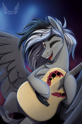 Size: 1355x2037 | Tagged: safe, artist:alrumoon_art, oc, oc only, pegasus, pony, guitar, male, musical instrument, solo