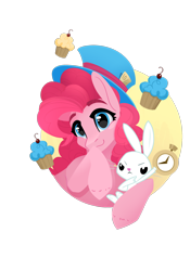Size: 1668x2388 | Tagged: safe, artist:alrumoon_art, angel bunny, pinkie pie, earth pony, pony, rabbit, g4, alice in wonderland, animal, clock, cupcake, eyebrows, female, food, mad hatter, mare, simple background, smiling, transparent background