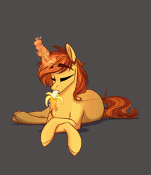 Size: 1668x1939 | Tagged: safe, artist:alrumoon_art, oc, oc only, pony, unicorn, animated, banana, eyebrows, eyebrows visible through hair, female, food, gif, looking at you, lying down, mare, prone, solo