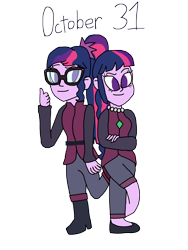 Size: 2500x3318 | Tagged: safe, artist:ktd1993, sci-twi, twilight sparkle, human, equestria girls, g4, 31, blight twins, clothes, costume, duo, edric blight, emira blight, halloween, halloween 2022, high res, holiday, october, simple background, the owl house, transparent background, twolight, witch