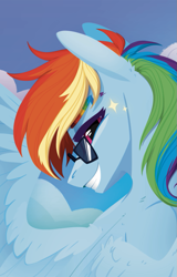 Size: 673x1051 | Tagged: safe, artist:alrumoon_art, rainbow dash, pegasus, pony, g4, eyebrows, female, mare, simple background, smiling, smug, solo, sunglasses, wings