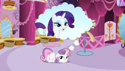 Size: 1920x1080 | Tagged: safe, screencap, rarity, sweetie belle, pony, unicorn, g4, sisterhooves social, belle sisters, horn, siblings, sisters, thought bubble