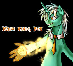 Size: 1024x916 | Tagged: safe, artist:not-ordinary-pony, derpibooru exclusive, lyra heartstrings, pony, unicorn, g4, black background, crossover, female, hand, magic, magic hands, mare, metal gear, metal gear rising, senator armstrong, simple background, smiling, solo, text
