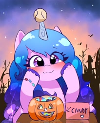 Size: 1678x2048 | Tagged: safe, artist:leo19969525, izzy moonbow, pony, unicorn, g5, :3, ball, blushing, candy, cute, ears, ears up, eye clipping through hair, eyebrows, eyebrows visible through hair, female, food, hair, hooves, hooves on cheeks, horn, hornball, izzy impaling things, izzy's tennis ball, izzybetes, looking at you, mane, mare, pumpkin, pumpkin bucket, purple eyes, solo, tennis ball
