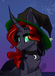 Size: 1211x1668 | Tagged: safe, artist:alrumoon_art, oc, oc only, pony, unicorn, chest fluff, clothes, costume, female, halloween, halloween costume, hat, mare, solo, witch hat