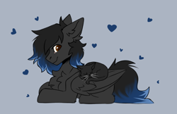 Size: 1356x876 | Tagged: safe, artist:dorkmark, oc, oc:shadowguy, cat, pegasus, pony, chest fluff, ear fluff, happy, heart, lying down, male, prone, simple background, sketch, sleeping, stallion