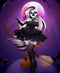 Size: 3270x3960 | Tagged: safe, artist:kutoshi, oc, oc only, oc:zahara, zebra, anthro, blue eyes, broom, clothes, commission, dress, ears, ears up, female, hair, high res, looking at you, mane, moon, pumpkin, pumpkin bucket, socks, solo, stockings, tail, thigh highs, ych result, zebra oc
