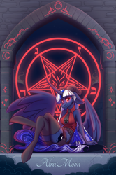 Size: 1625x2445 | Tagged: safe, artist:alrumoon_art, princess luna, alicorn, demon, anthro, collaboration:nightmare night event (2022), g4, baphomet, collaboration, female, helltaker, mare, pentagram, satanic, solo