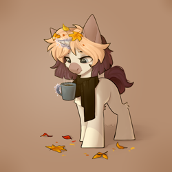 Size: 2480x2480 | Tagged: safe, artist:dorkmark, oc, pony, unicorn, autumn, food, high res, leaves, solo, tea