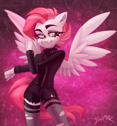 Size: 4424x4776 | Tagged: safe, artist:irinamar, oc, oc only, oc:celestial flower, pegasus, anthro, buttons, clothes, commission, digital art, ear piercing, earring, eyelashes, female, green eyes, heart, jacket, jewelry, leather, leather jacket, looking at you, makeup, mare, pegasus oc, pendant, piercing, pockets, ripped stockings, shorts, simple background, smiling, smiling at you, solo, sparkles, stockings, tail, thigh highs, torn clothes, wings