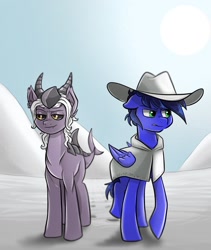 Size: 1180x1397 | Tagged: safe, artist:smirk, oc, oc:midnight blitzer, oc:runt, monster pony, pegasus, pony, series:monstermaresandyou, clothes, cowboy hat, day, female, hat, male, mare, monster, poncho, post-apocalyptic, stallion, sun, wasteland