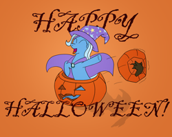 Size: 1748x1388 | Tagged: safe, artist:brehnya, trixie, pony, unicorn, g4, eyes closed, female, halloween, happy, holiday, mare, open mouth, pumpkin, simple background, sitting, solo
