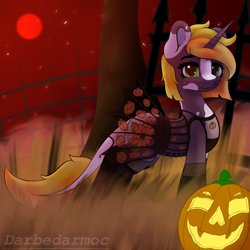 Size: 2048x2048 | Tagged: safe, artist:darbedarmoc, blood moon, clothes, dress, fence, grass, halloween, halloween 2022, high res, holiday, jack-o-lantern, moon, night, pumpkin, socks, tree