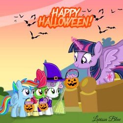 Size: 1000x1000 | Tagged: safe, artist:mlplary6, apple bloom, scootaloo, sweetie belle, twilight sparkle, alicorn, bat, earth pony, pegasus, pony, unicorn, g4, broom, candy, cutie mark crusaders, female, filly, foal, food, friends, halloween, holiday, mare, pumpkin, pumpkin bucket, smiling, twilight sparkle (alicorn)