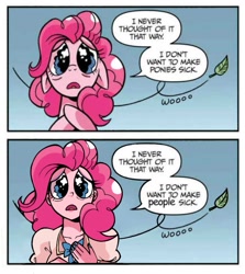 Size: 1061x1192 | Tagged: safe, artist:brendahickey, artist:l4zy_4le, idw, pinkie pie, earth pony, human, pony, g4, spoiler:comic, spoiler:comic63, clothes, dialogue, eye shimmer, female, floppy ears, full face view, gradient background, hoof on chest, hooves on chest, humanized, leaf, lipstick, looking at you, nail polish, sad, scene interpretation, solo, speech bubble, wavy eyes, wind