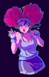 Size: 837x1296 | Tagged: safe, artist:l4zy_4le, pinkie pie, human, g4, scare master, black background, breasts, busty pinkie pie, cleavage, clothes, costume, face paint, female, headband, humanized, lipstick, nail polish, nightmare night costume, shirt, shorts, simple background, solo, wristband