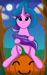 Size: 1330x2120 | Tagged: safe, artist:kpapwiss, starlight glimmer, pony, unicorn, g4, halloween, hat, holiday, jack-o-lantern, looking at you, moon, night, prehensile tail, pumpkin, simple background, sitting, solo, stars, tail, tail hold, tree, witch hat, wizard hat