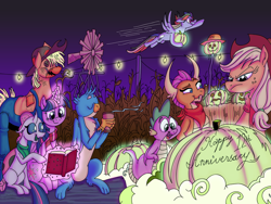 Size: 1024x768 | Tagged: safe, artist:princebluemoon3, color edit, edit, applejack, gallus, ocellus, rainbow dash, smolder, spike, twilight sparkle, alicorn, changeling, dragon, earth pony, griffon, pegasus, pony, mlp fim's twelfth anniversary, g4, applejack is not amused, autumn, blowing, book, chocolate, clothes, colored, corn, dragoness, female, food, hay bale, hot chocolate, night, pumpkin, scarecrow, scarf, striped scarf, twilight sparkle (alicorn), unamused, windmill
