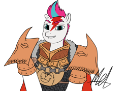 Size: 1680x1200 | Tagged: safe, artist:rawmel, zipp storm, pegasus, pony, mlp fim's twelfth anniversary, g5, armor, clothes, colored, cosplay, costume, flat colors, jaghatai khan, looking at you, primarch, simple background, smiling, space marine, tattoo, warhammer (game), warhammer 40k, white background, white scars