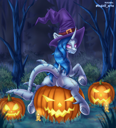 Size: 3024x3327 | Tagged: safe, artist:ingolf arts, oc, oc only, oc:pearl wave, original species, pony, shark, shark pony, unicorn, butt, clothes, featureless crotch, female, fish tail, grass, grin, halloween, hat, high res, holiday, horn, jack-o-lantern, looking at you, mare, night, plot, pumpkin, smiling, smiling at you, solo, stars, tail, tree, witch, witch hat