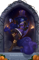 Size: 1625x2445 | Tagged: safe, artist:alrumoon_art, artist:avroras_world, princess luna, alicorn, anthro, unguligrade anthro, collaboration:nightmare night event (2022), g4, boots, clothes, collaboration, cosplay, costume, dress, female, gloves, hair over one eye, halloween, hat, holiday, horn, league of legends, long hair, long mane, long tail, looking at you, mare, nightmare night, pants, pumpkin, shoes, simple background, smiling, solo, tail, transparent background, wings
