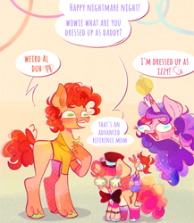 Size: 2042x2348 | Tagged: safe, artist:sockiepuppetry, boneless, cheese sandwich, izzy moonbow, li'l cheese, pinkie pie, earth pony, pony, unicorn, g4, g5, the last problem, ball, bowtie, clothes, colt, cosplay, costume, crossover, father and child, father and son, female, five nights at freddy's, five nights at freddy's: security breach, foal, freddy fazbear, glamrock freddy, gregory, hat, high res, husband and wife, izzy moonbow costume, izzy's tennis ball, male, mare, markings, mother and child, mother and son, ship:cheesepie, shipping, stallion, straight, tennis ball, top hat, unshorn fetlocks, voice actor joke, weird al yankovic