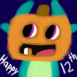 Size: 1000x1000 | Tagged: safe, artist:yoshimon1, derpibooru exclusive, sparky sparkeroni, dragon, mlp fim's twelfth anniversary, g5, clothes, costume, halloween, halloween costume, happy birthday mlp:fim, holiday, male, pumpkin, simple background, solo