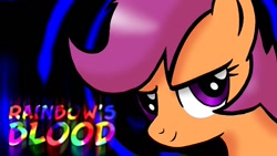 Size: 1280x720 | Tagged: safe, artist:taeko, derpibooru exclusive, edit, scootaloo, pegasus, pony, g4, 2022, abstract background, black outlines, female, looking at you, mare, older, rainbow's blood (song), redraw, shading, smiling, solo