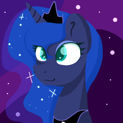 Size: 2022x2022 | Tagged: safe, artist:lindasaurie, derpibooru exclusive, princess luna, alicorn, pony, g4, bust, ethereal mane, eye clipping through hair, eyeshadow, female, high res, jewelry, lineless, makeup, mare, regalia, smiling, solo, starry mane, stars