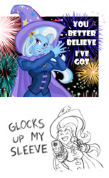 Size: 720x1175 | Tagged: safe, alternate version, artist:texasuberalles, trixie, human, equestria girls, g4, my little pony equestria girls: rainbow rocks, 2 panel comic, cape, clothes, comic, corset, fangs, female, fireworks, glock, gun, handgun, hat, looking at you, pencil drawing, pistol, shoes, skirt, smiling, solo, traditional art, tricks up my sleeve, weapon
