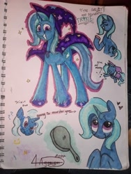 Size: 3120x4160 | Tagged: safe, artist:4agonism, trixie, pony, unicorn, g4, art dump, bust, cape, clothes, cute, diatrixes, female, frying pan, full body, hooves up, irl, magic, mare, photo, question mark, raised hoof, sketch, solo, telekinesis, the rock, trixie day, trixie day 2022, trixie's cape, unshorn fetlocks