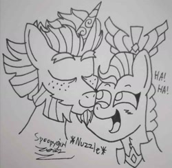 Size: 1419x1386 | Tagged: safe, artist:spoopygirl, alphabittle blossomforth, queen haven, pegasus, pony, unicorn, g5, art trade, female, lineart, male, mare, ship:alphahaven, shipping, stallion, straight, traditional art