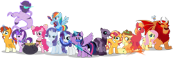 Size: 12172x4133 | Tagged: safe, artist:stellardusk, applejack, big macintosh, double diamond, fluttershy, pinkie pie, rainbow dash, rarity, starlight glimmer, sunburst, sunset shimmer, twilight sparkle, alicorn, earth pony, ghost, goo, goo pony, manticore, parasprite, pegasus, pony, undead, unicorn, g4, abomination (the owl house), abomination coven, alternate cutie mark, bard coven, beast keeping coven, cape, cauldron, clothes, construction coven, crossover, earth pony magic, emperor's coven, female, group, guitar, hat, healing coven, illusion, illusion coven, magic, male, mane six, musical instrument, oracle coven, plant coven, potion, potions coven, princess coven, show accurate, simple background, staff, stomping, telekinesis, the owl house, transparent background, twilight sparkle (alicorn)
