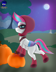 Size: 5075x6480 | Tagged: safe, artist:damlanil, zipp storm, pegasus, pony, mlp fim's twelfth anniversary, g5, butt, city, clothes, costume, female, halloween, holiday, hood, looking at you, mare, moon, night, nightmare night, nightmare night costume, plot, pumpkin, smiling, solo, stars, tree, vector, wings, zippbutt