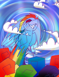 Size: 1841x2409 | Tagged: safe, artist:bluemoon, rainbow dash, pegasus, pony, g4, cloud, multicolored hair, rainbow hair, smiling, solo, sonic rainboom