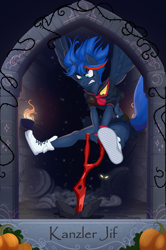 Size: 1625x2445 | Tagged: safe, artist:alrumoon_art, artist:kanzlerjif, princess luna, alicorn, anthro, collaboration:nightmare night event (2022), g4, angry, anime, blade, clothes, collaboration, cosplay, costume, dress, female, halloween, holiday, horn, jumping, kill la kill, mare, nightmare night, ryuko matoi, scissor blade, simple background, solo