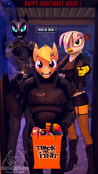 Size: 2160x3840 | Tagged: safe, artist:senthaurekmern, gilda, nightmare moon, oc, oc:nickyequeen, donkey, griffon, anthro, g4, 3d, armor, clothes, commissioner:nickyequeen, costume, halloween, high res, holiday, male, nightmare night, robbery, source filmmaker, trick or treat, unaware