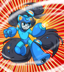 Size: 1280x1423 | Tagged: safe, artist:thegamercolt, oc, oc:thegamercolt, cyborg, earth pony, robot, anthro, action pose, arctic earth pony, arm cannon, big mane, big tail, clothes, costume, halloween, halloween costume, long tail, mega man (series), solo, tail, techno mane, techno tail