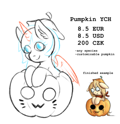 Size: 1689x1752 | Tagged: safe, artist:coco-drillo, oc, pony, :3, advertisement, commission, commission info, ear fluff, halloween, holiday, looking at you, pumpkin, simple background, white background, ych example, ych sketch, your character here