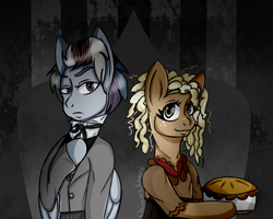 Size: 1280x1024 | Tagged: safe, artist:chimmycherr, applejack, rainbow dash, earth pony, pegasus, pony, g4, clothes, crossover, curly hair, female, food, freckles, halloween, height difference, holiday, lesbian, mare, nightmare night, pie, ship:appledash, shipping, suit, sweeney todd, wings