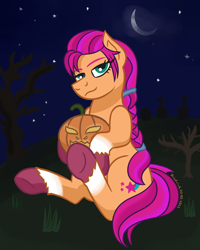 Size: 800x1000 | Tagged: safe, artist:friedrich911, sunny starscout, earth pony, pony, g5, braid, braided ponytail, cementary, crescent moon, female, gravestone, halloween, holiday, jack-o-lantern, looking at you, mare, moon, night, night sky, nightmare night, ponytail, pumpkin, sky, solo