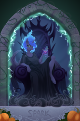 Size: 1625x2445 | Tagged: safe, artist:alrumoon_art, artist:sparkling_light, princess luna, alicorn, anthro, collaboration:nightmare night event (2022), g4, clothes, collaboration, disney, female, fire, fire hair, glass, hades, halloween, hand, hercules, holiday, horn, looking at you, mane of fire, mare, nightmare night, simple background, solo, throne, wine glass