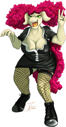 Size: 1309x2494 | Tagged: safe, artist:jamescorck, oc, oc:cotton bucket, anthro, breasts, cleavage, clothes, cosplay, costume, female, fishnet stockings, magenta, peace sign, rocky horror picture show, simple background, solo, transparent background