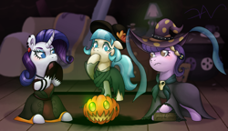 Size: 3500x2021 | Tagged: safe, artist:swasfews, coco pommel, rarity, suri polomare, earth pony, pony, unicorn, g4, blushing, book, clothes, costume, dress, ear piercing, female, floppy ears, halloween, hat, high res, holiday, jack-o-lantern, mare, nightmare night costume, piercing, pumpkin, spellbook, trio, trio female, witch costume, witch hat
